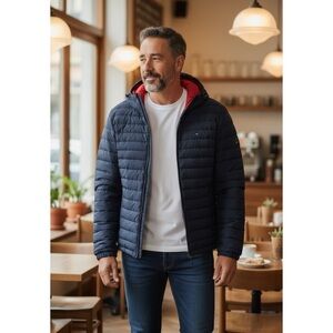 Tommy Hilfiger stretch Flex Puffer Hooded Jacket navy blue NWT large